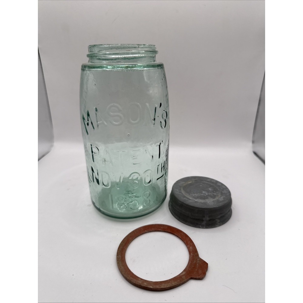 Old Mason's Patent Nov 30th 1858 Blue 1 Quart Antique Canning Jar Zinc Lid #4